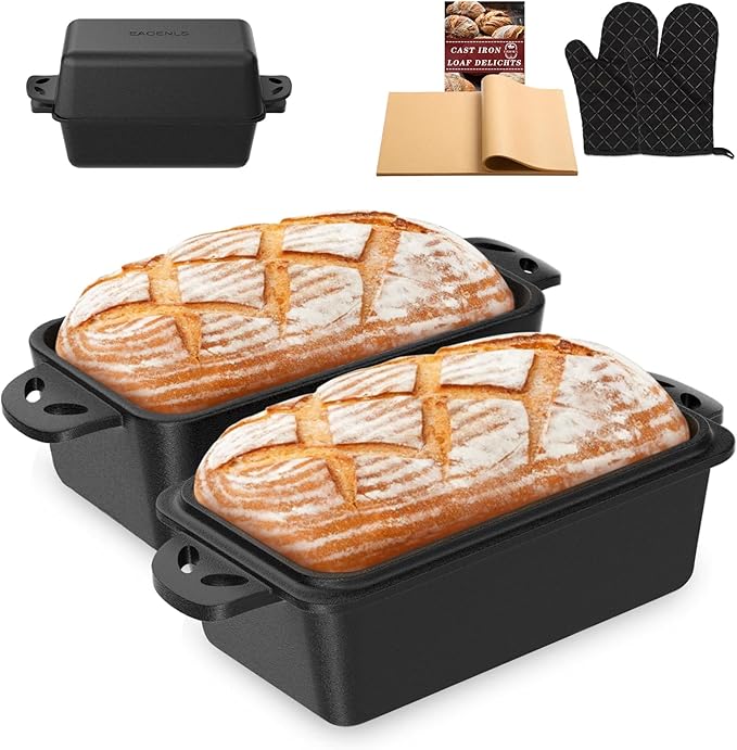 9×5 Inch Cast Iron Loaf Pan with Lid, 2-in-1 Bread Baking Pans for Homemade Bread, Pre-Seasoned | Even Heat Distribution, 2 Piece Set